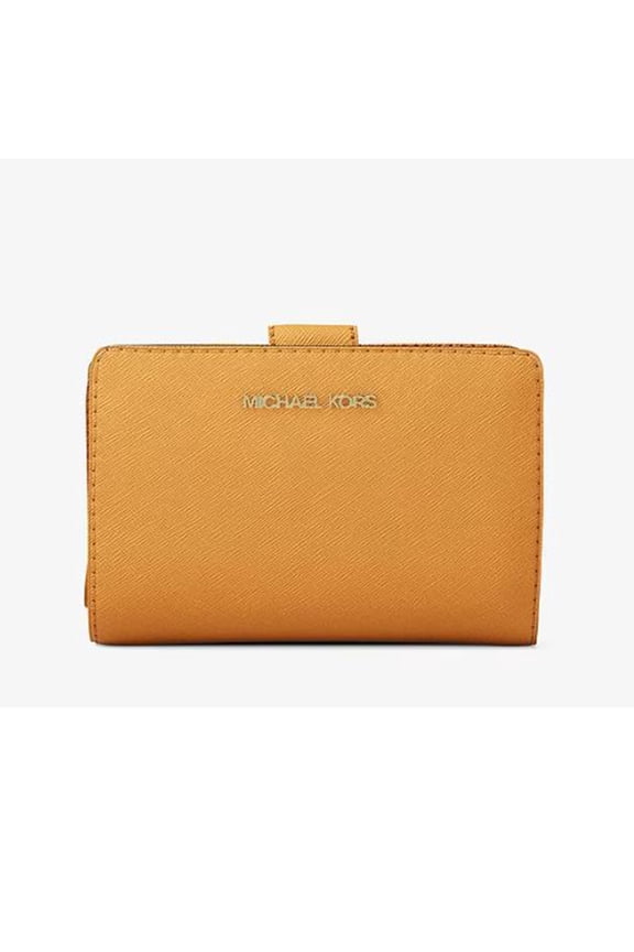 Women’s Jet Set Travel Saffiano Leather Medium Bifold Zip Coin Wallet with ID Window (Orange)