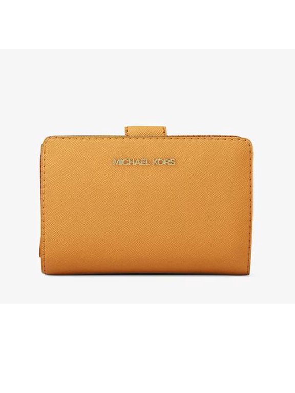 Women’s Jet Set Travel Saffiano Leather Medium Bifold Zip Coin Wallet with ID Window (Orange)