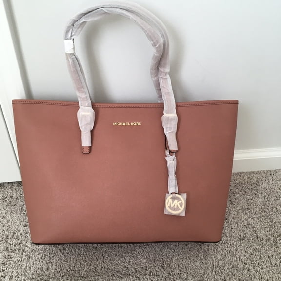 Michael Kors Jet Set Medium Saffiano Leather Top-Zip Tote Bag,Antique Rose