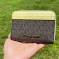 thumbnail image 1 of Michael Kors Jet Set Medium Zip Around Card Case Wallet Brown Mk Buttercup Yellow, 1 of 5