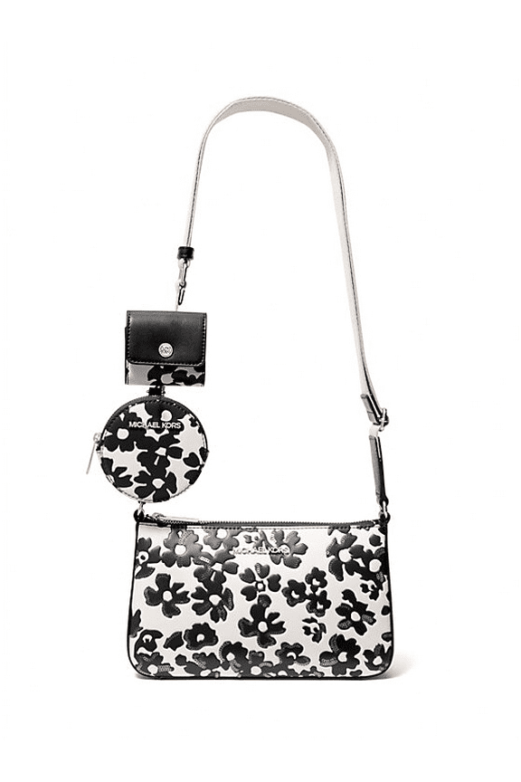 Jet Set Small Sequined Floral Print Crossbody Bag with Airpod Case (Black)