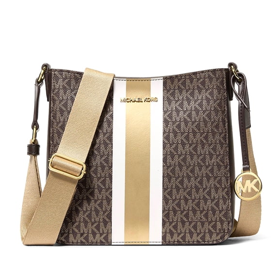 Michael Kors Women's Jet Set Small Signature Logo Stripe Crossbody Bag (Brown / Gold)