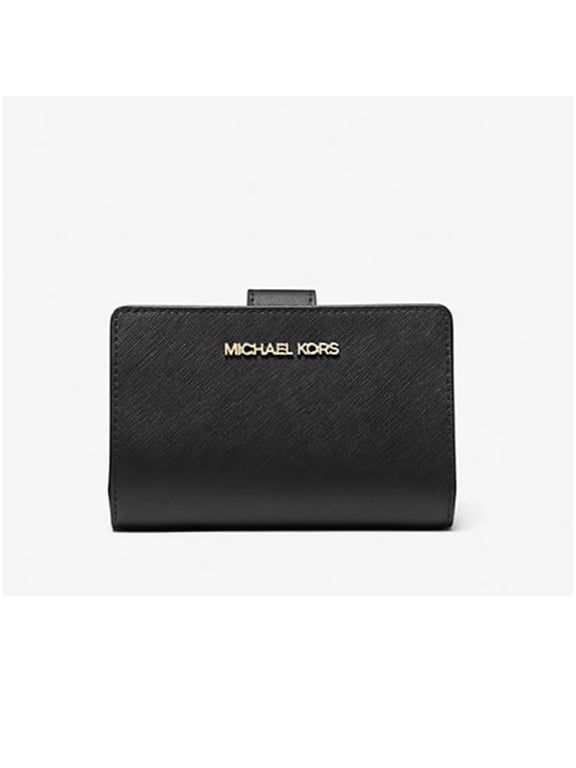 Jet Set Travel Bifold Zip Coin Saffiano Leather Wallet, Black