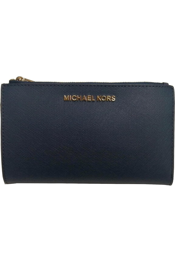 Jet Set Travel Double Zip Saffiano Leather Wristlet (Navy)