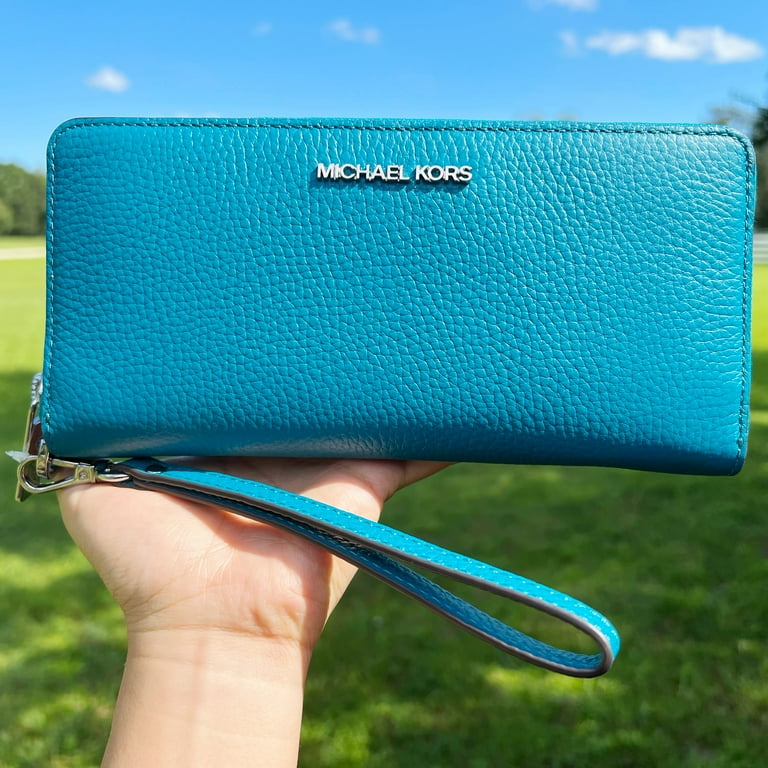 Michael Kors Teal Lagoon Blue authentic Leather Large Double Zip Wallet Wristlet