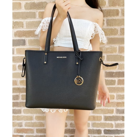 Michael Kors Jet Set Travel Large Drawstring Tote Black Leather
