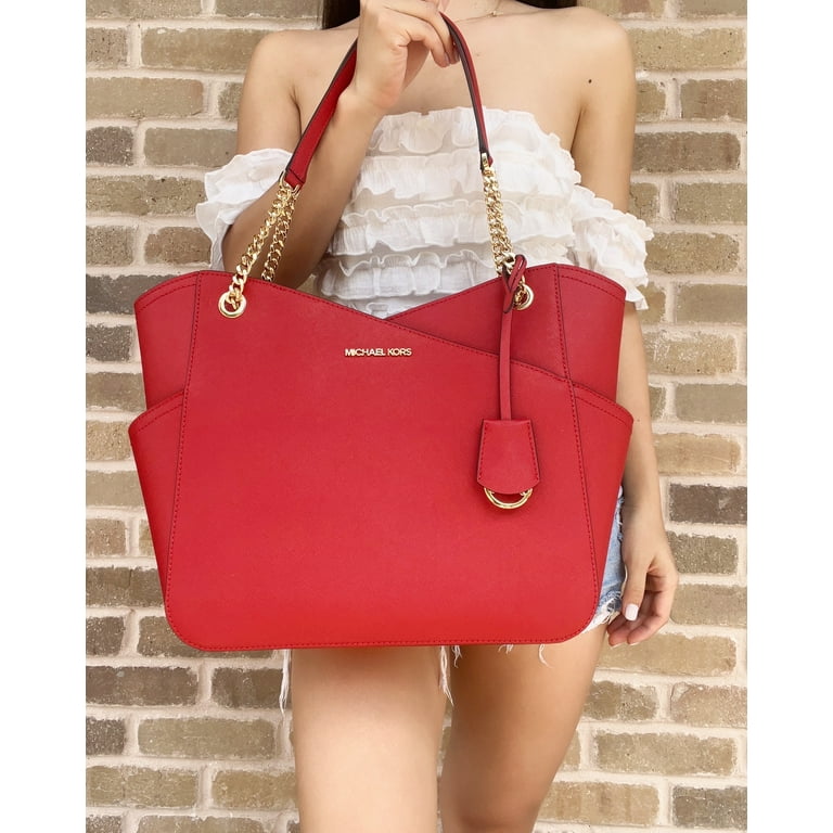 Michael Kors Jet Set Travel Large Female Chain Shoulder Tote Flame Red  Saffiano Leather 