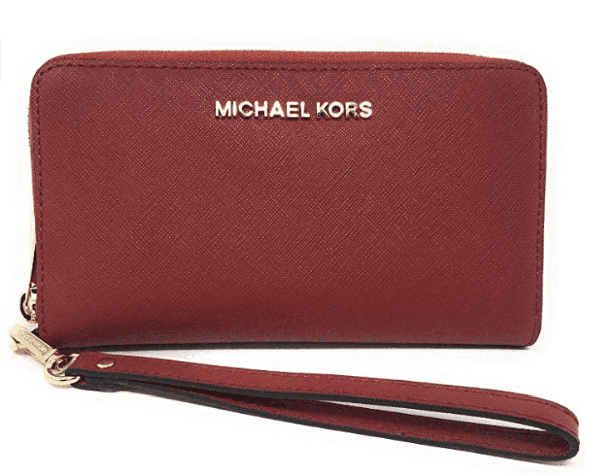 Michael Kors Jet Set Travel Large Phone Wristlet Scarlet Red Leather Wallet  