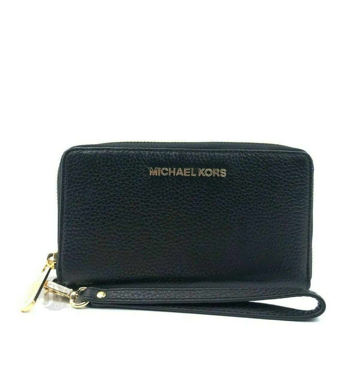 Michael Kors Jet Set Large Leather Black Gold Multifunction Phone Wristlet Wallet