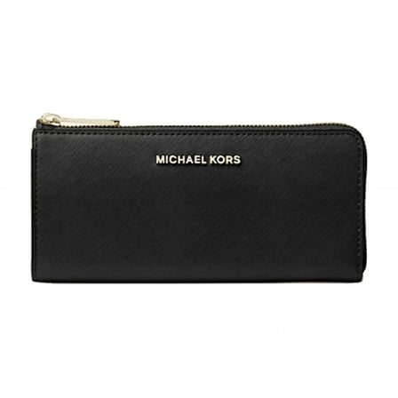 Michael Kors Jet Set Travel Large Leather Three Quarter Zip Wallet (Black/Gold Tone)