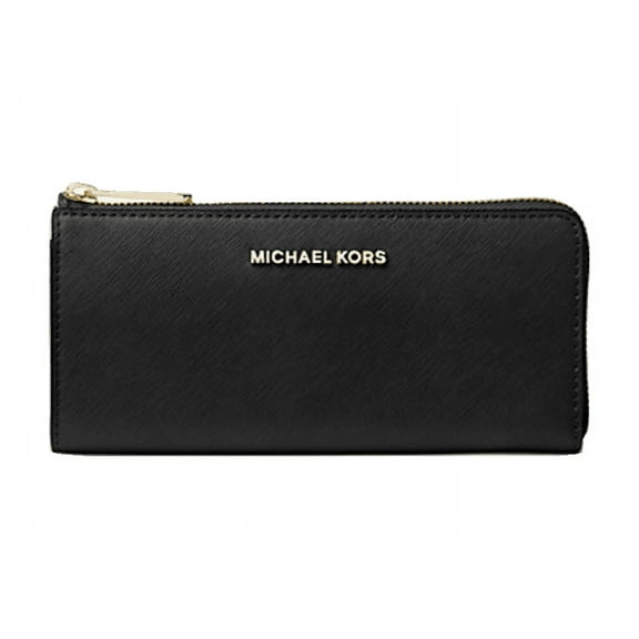 Michael Kors Jet Set Travel Large Leather Three Quarter Zip Wallet (Black/Gold Tone)