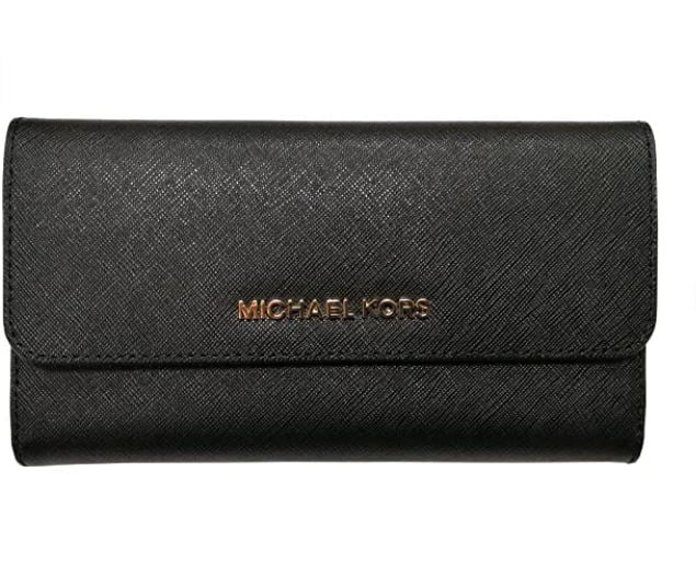 Womens Jet Set Travel Large Trifold Leather Wallet, Black