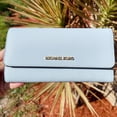 thumbnail image 1 of Michael Kors Jet Set Travel Large Trifold Wallet Pale Ocean Blue Saffiano Leather, 1 of 4