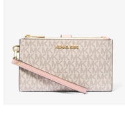 Michael Kors Jet Set Travel Leather Logo Large Double Zip Wristlet Wallet Vanilla/Powder Blush