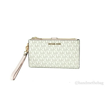 Michael Kors Jet Set Travel Leather Logo Large Double Zip Wristlet Wallet (Vanilla/Powder Blush)