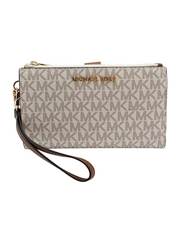 Jet Set Travel Leather Logo Large Double Zip Wristlet Wallet (Vanilla)