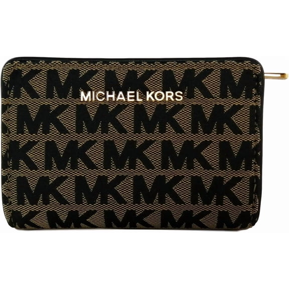 Michael Kors Jet Set Travel Medium Bifold Zip Coin Wallet Jacquard Beige Black Signature