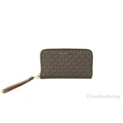 Michael Kors Jet Set Travel Medium Signature Pvc Medium Zip Around Phone Holder Wristlet Wallet Brown Signature