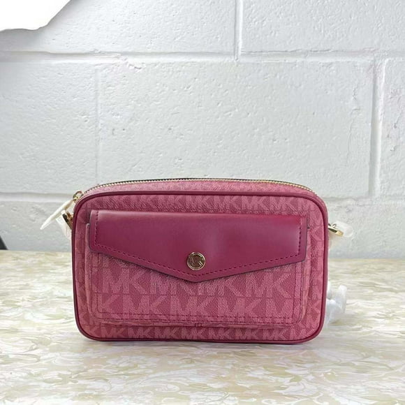 Michael Kors Jet Set Travel Medium Signature Pvc Pocket Camera Bag Crossbody Handbag (Berry Multi Signature)