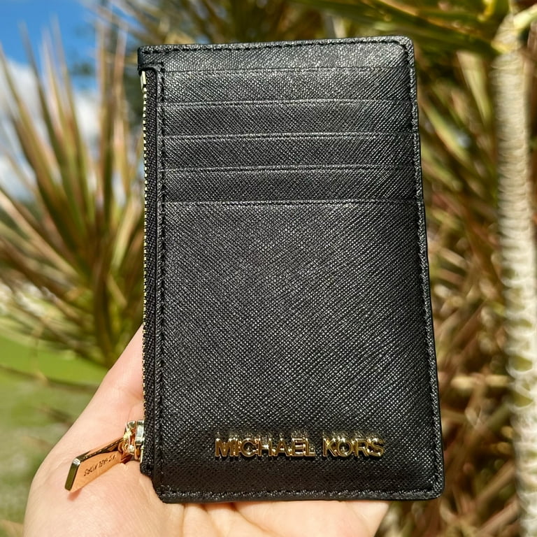 Michael Kors Zip Wallet Wristlet Black Small Clutch Gold Hardware