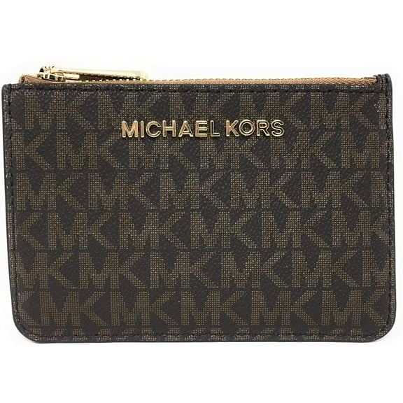 Michael Kors Jet Set Travel Small Leather Top Zip Coin Pouch With ID (Brown/Acorn Signature)