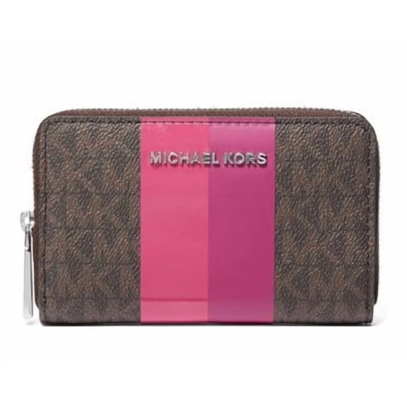 Michael Kors Jet Set Travel Small Zip Around Card Case Wallet MK Brown Fuchsia