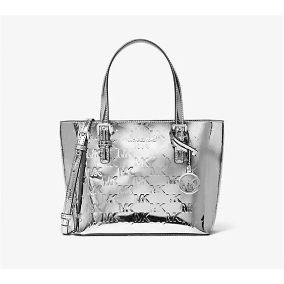 Michael Kors Jet Set XS Patent Logo Debossed Convertible Tote Bag Silver