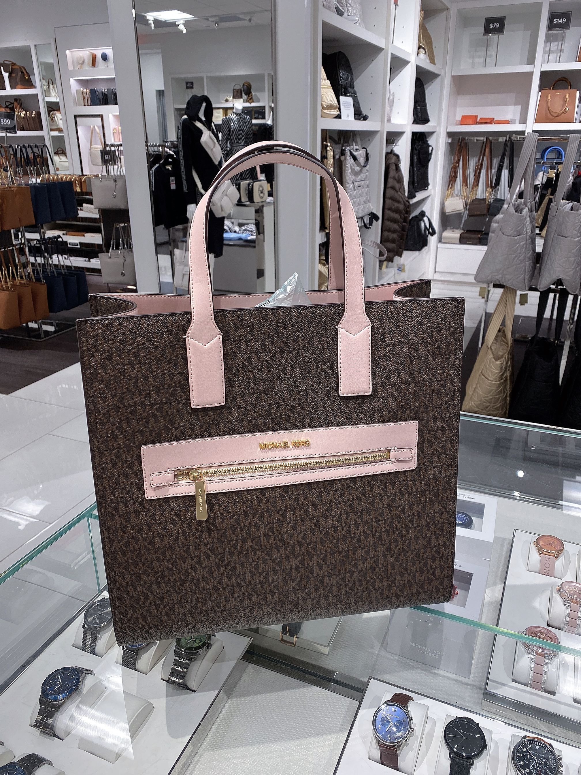Michael Kors Kenly Large Top Zip MK Logo Signature PVC Tote Bag 