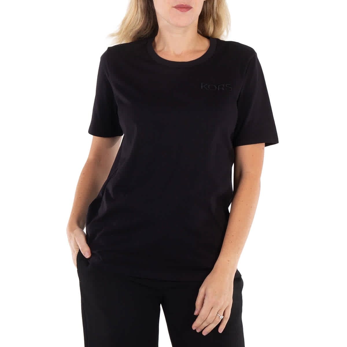 Michael Kors Ladies Black Logo Embroidered Organic Cotton T