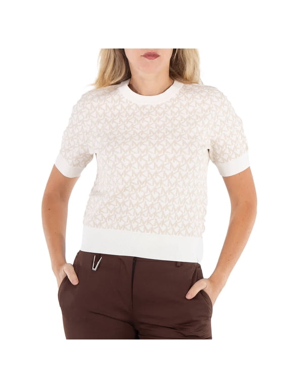 Ladies Bone Logo Jacquard Short-Sleeve Sweater, Size Small