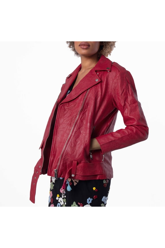 Ladies Crinkled Leather Moto Jacket, Size Small