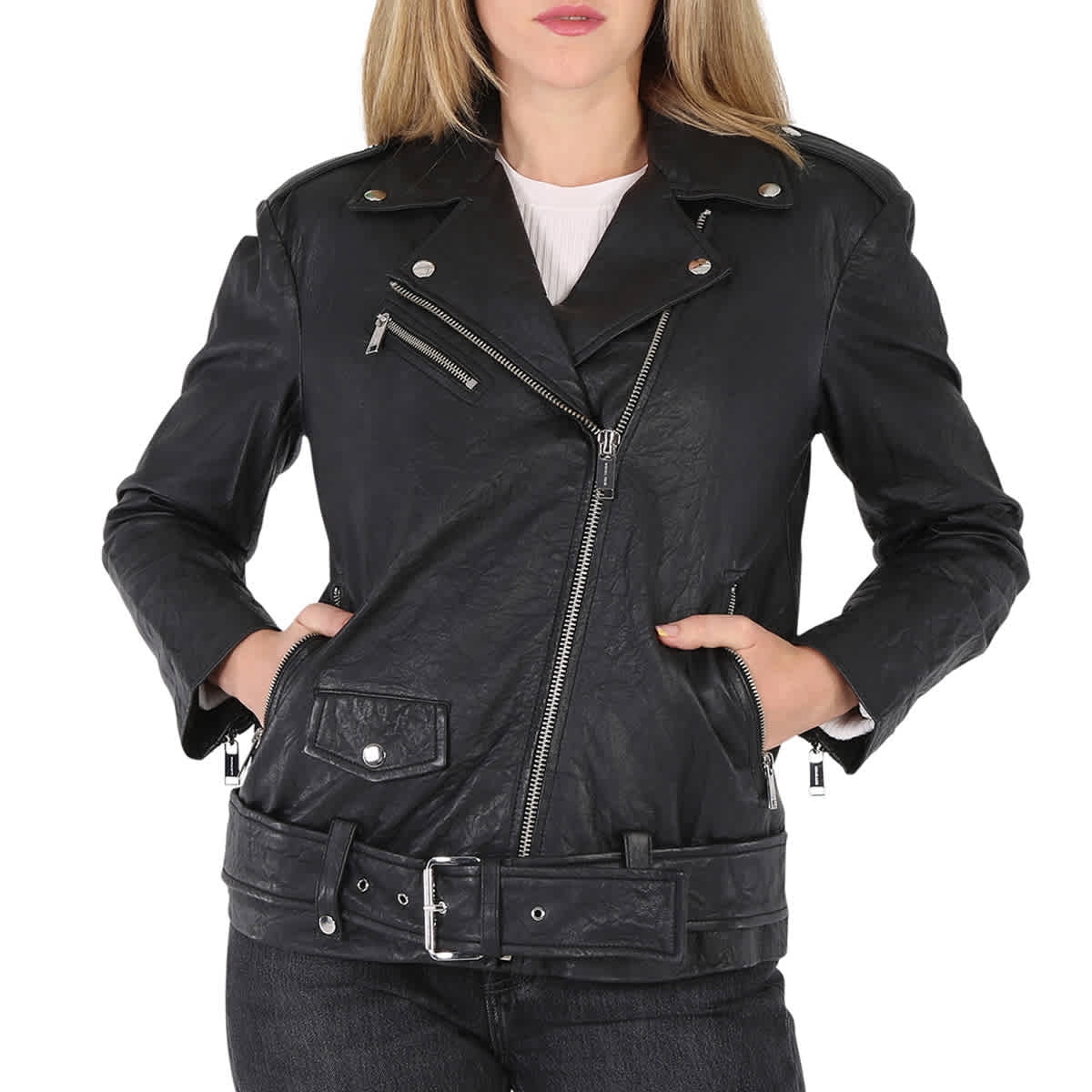 Michael Kors Ladies Crinkled Leather Moto Jacket in Black, Size