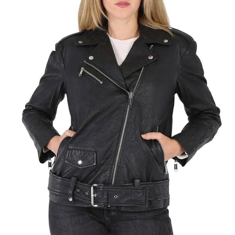 Michael Kors Ladies Crinkled Leather Moto Jacket in Black, Size
