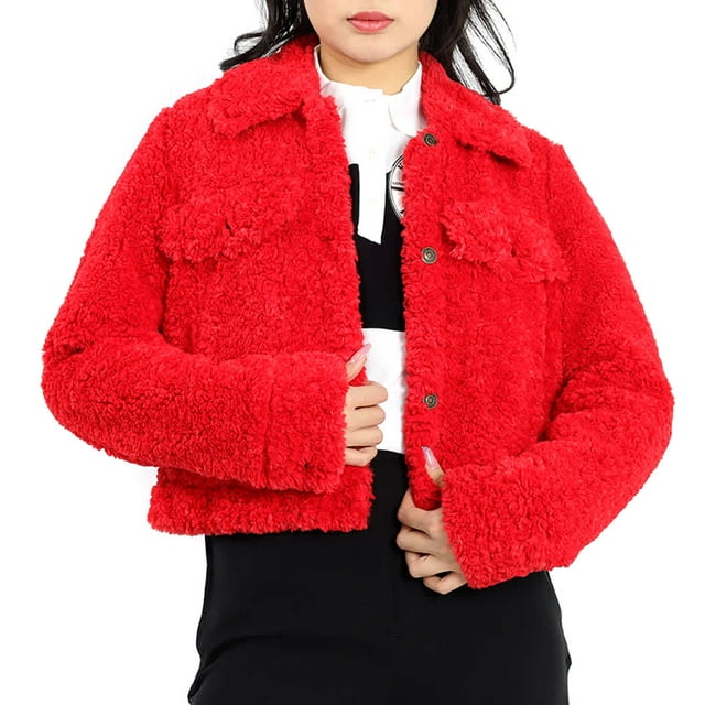 Michael Kors Ladies Faux Sherpa Trucker Jacket In Red, Size Medium