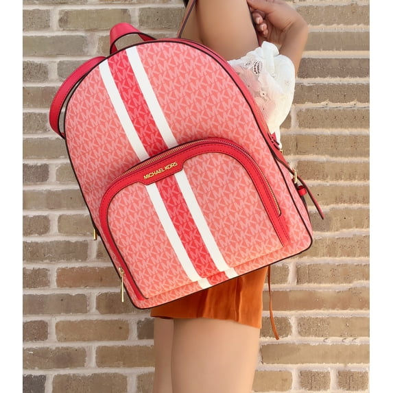 Michael Kors Large Abbey Jaycee Backpack Grapefruit MK Signature Stripe