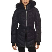MICHAEL KORS Logo Leopard Hooded Black Coat - Zip Closure Puffer Coat for Women - Fashionable Women Down Coat with Removable Hood, Stand Collar, Adjustable Waist Belt, 4 Pockets