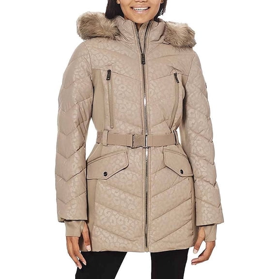 Michael Kors Logo Leopard Women's Puffer Coat - Long Puffer Coat for Women - Zipper Closure Women Winter Coat with Removable Hood, Adjustable Belt & 2 Pockets