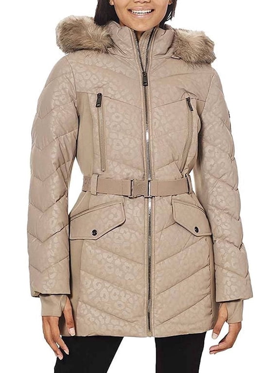 Logo Leopard Women's Puffer Coat - Long Puffer Coat for Women - Zipper Closure Women Winter Coat with Removable Hood, Adjustable Belt & 2 Pockets