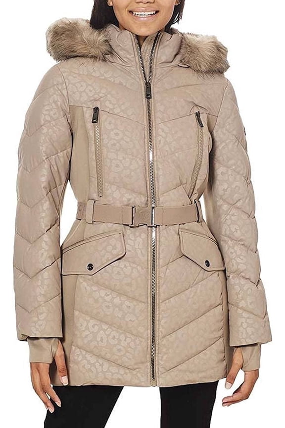 Logo Leopard Women's Puffer Coat - Long Puffer Coat for Women - Zipper Closure Women Winter Coat with Removable Hood, Adjustable Belt & 2 Pockets