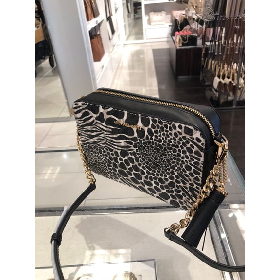 Michael Kors Logo Semi Lux Animal Print MD Camera Crossbody Handbags Black Multi