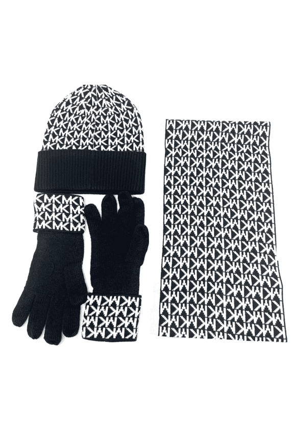 MK Logo Knit 3-Piece Gift Box Set Scarf, Hat & Gloves, Black/White
