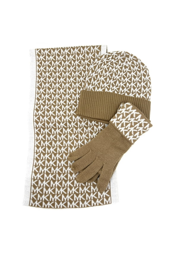 MK Logo Knit 3-Piece Gift Box Set Scarf, Hat & Gloves, Camel