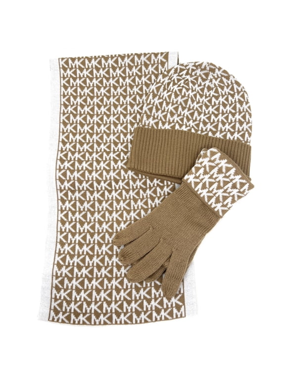 MK Logo Knit 3-Piece Gift Box Set Scarf, Hat & Gloves, Camel