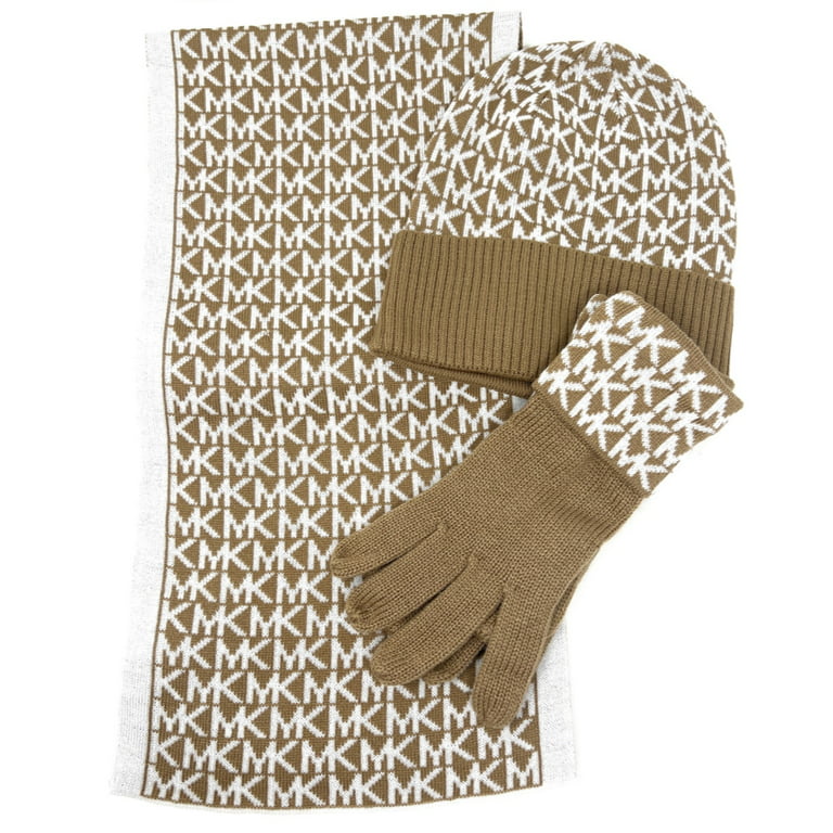 Michael Kors Mk Logo Knit 3-Piece Gift Box Set Scarf, Hat & Gloves, Camel, Women's, Size: One size, Beige