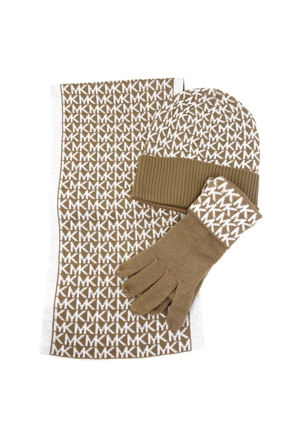 MK Logo Knit 3-Piece Gift Box Set Scarf, Hat & Gloves, Camel
