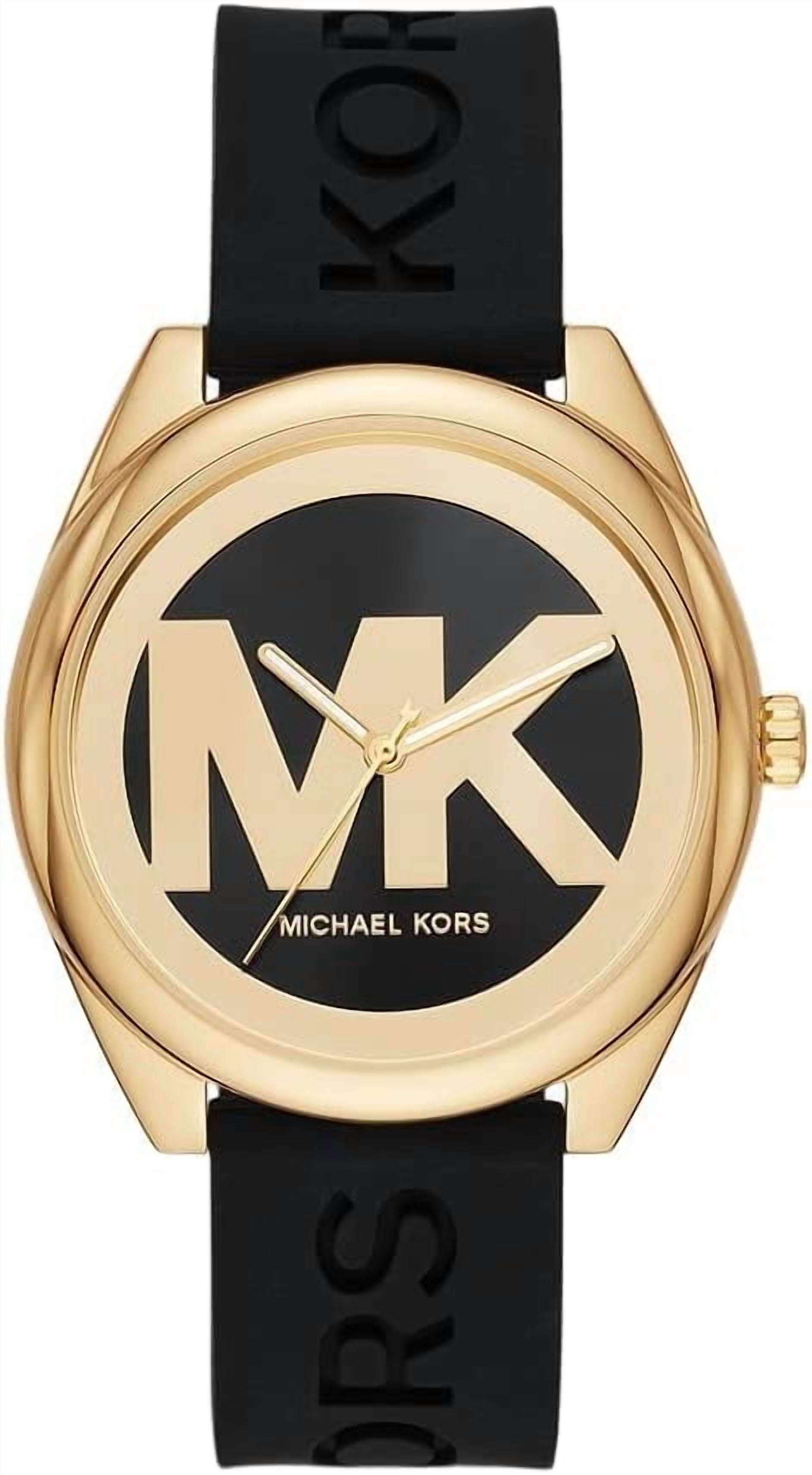 Michael Kors MK7313 Black Gold Tone Logo Dial Black Silicone Band Women's Watch