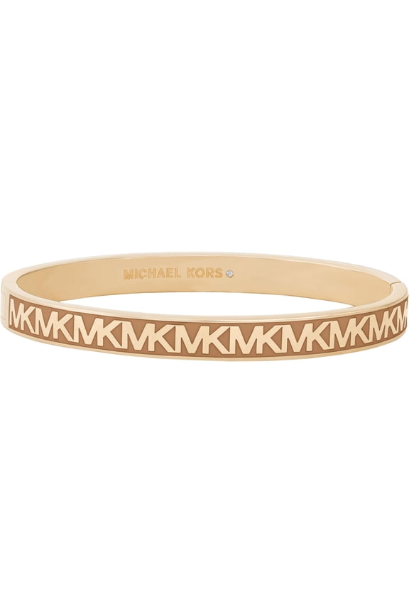 Womens MK Logo Bangle Bracelet, Brown and Gold Tone Brass, Box Clasp, Model MKJH0025E710