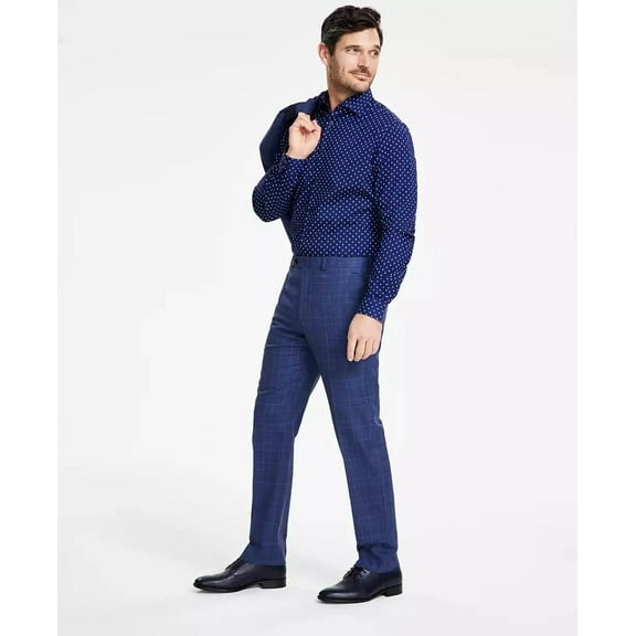 Michael Kors Malone Dress Pants Mens 42x32 Blue Plaid Reg-Fit Stretch Wool-Blnd
