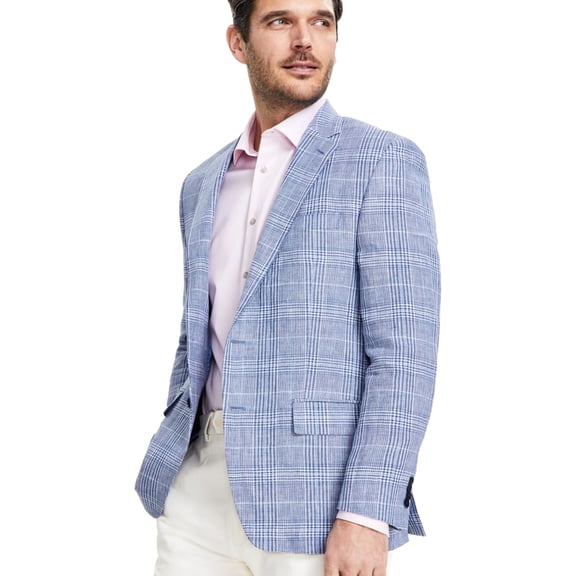 Michael Kors Mens Linen Plaid Coat, Blue, 40 Regular