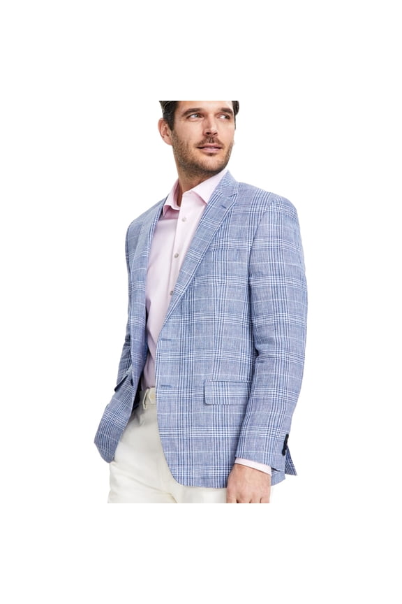 Mens Linen Plaid Coat, Blue, 40 Regular